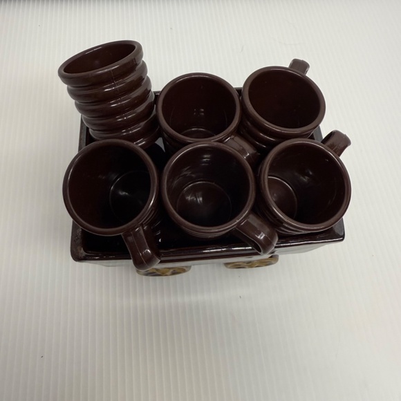 Vintage Ceramic Brown Train Engine Whiskey Decanter W/ Tank Car & 6 Shot Glasses - Picture 8 of 14